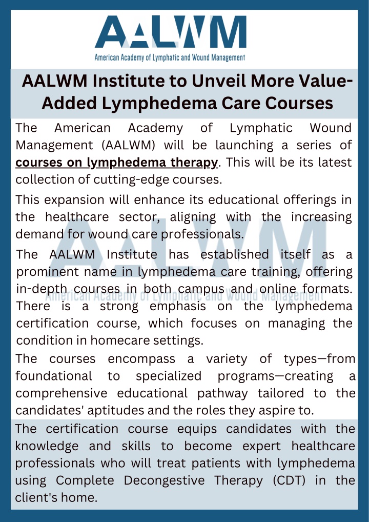 PPT - AALWM Institute to Unveil More Value-Added Lymphedema Care Courses PowerPoint Presentation - ID:13890312