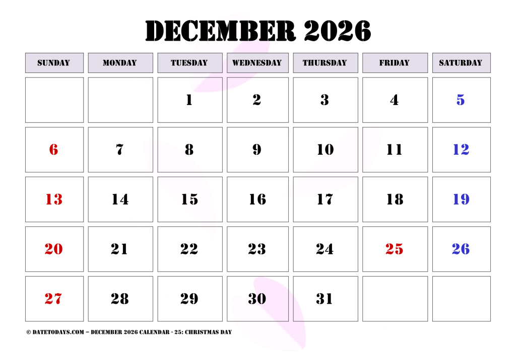 Printable December 2026 Calendar with Holidays