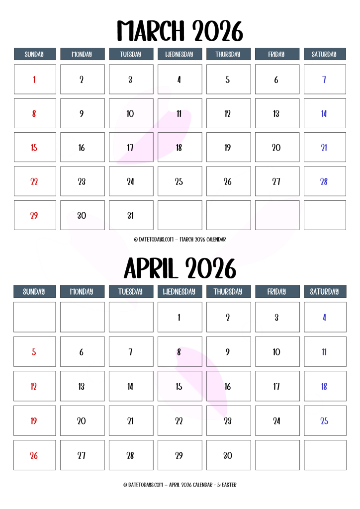 March April 2026 Calendar Printable PDF - 2 Month Calendar