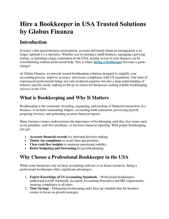 PPT - Hire a Bookkeeper in USA Trusted Solutions by Globus Finanza PowerPoint Presentation - ID:14444784