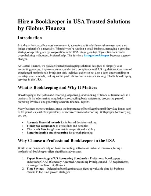 Hire a Bookkeeper in USA Trusted Solutions by Globus Finanza | PDF