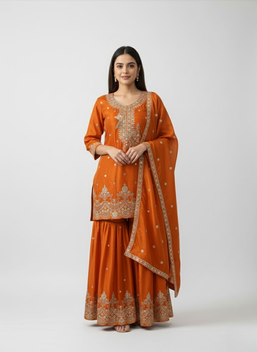 Buy Silk Short Kurta Sharara Dupatta Set Online | K & P Fashion