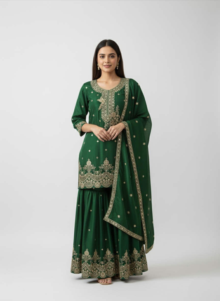 Buy Silk Kurta Sharara Dupatta Set Online | K & P Fashion